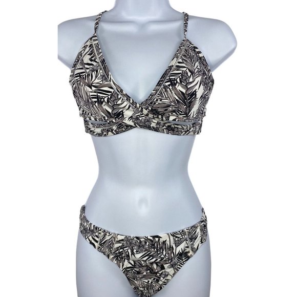 Cabana Del Sol 2 Piece‎ Bikini Set Womens Sz L Swim Wear Floral Black White Grey - Picture 1 of 9